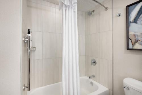 a bathroom with a shower curtain and a bath tub at Embassy Suites Lexington in Lexington