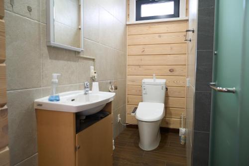 a small bathroom with a sink and a toilet at MATRYOSHKA HOUSE in Yoichi