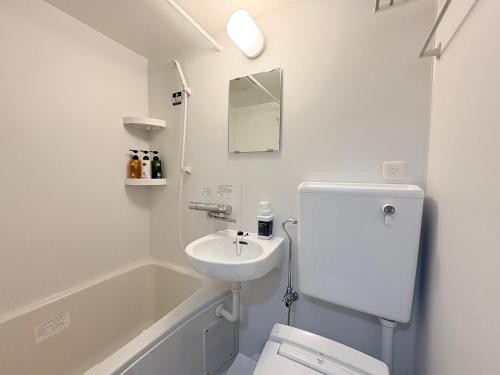 a white bathroom with a sink and a toilet at APA Hotel Okhotsk Kitami in Kitami