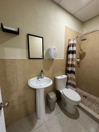 a bathroom with a toilet and a sink at Ducky4 in San Miguel
