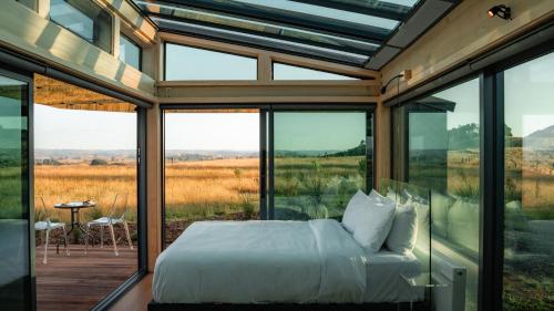 a bedroom with a bed and large glass windows at Matū PurePod - Waitomo in Otorohanga