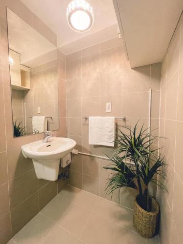 a bathroom with a sink and a potted plant at Relaxing Mountain View 2BR Fast WiFi and PS5 in Manila