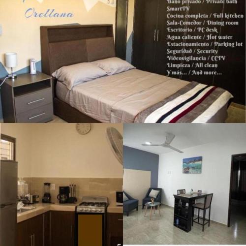 two pictures of a room with a bed and a kitchen at Departamento Orellana 11 in Chetumal