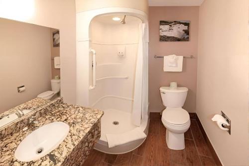 a bathroom with a shower and a toilet and a sink at Econo Lodge Inn & Suites Yuma in Yuma