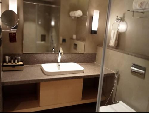 a bathroom with a sink and a mirror at Avinash International in Jagdalpur