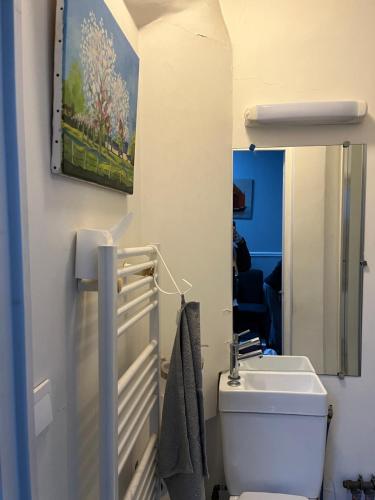 a bathroom with a toilet and a sink and a mirror at Nid Parisien in Cachan