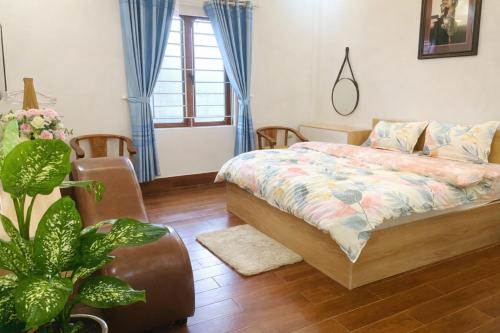 a bedroom with a bed with blue curtains and a plant at Sơn Lâm Hotel in Chợ Hiếu