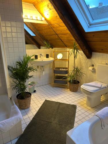 a bathroom with a toilet and a sink at Ferienwohnungen Café Cup in Detmold