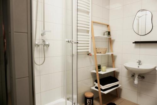 a bathroom with a shower and a sink at Nowoczesny Apartament w Prudniku in Prudnik