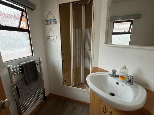 a bathroom with a sink and a shower at Stable Lodge in Williton