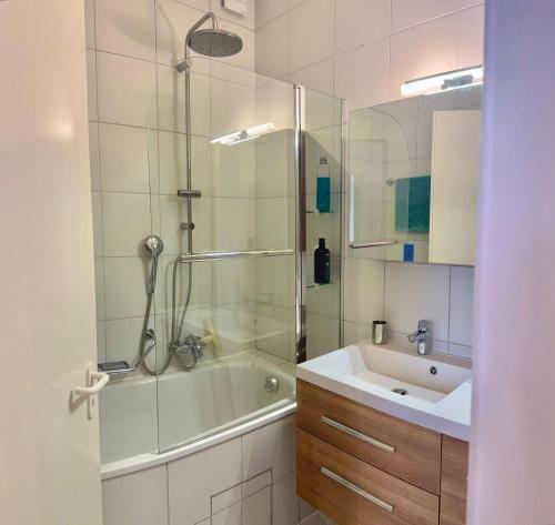 a bathroom with a shower and a tub and a sink at Vache Mystique in Orsières