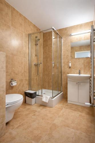a bathroom with a shower and a toilet and a sink at Hotel Ajax in Janki