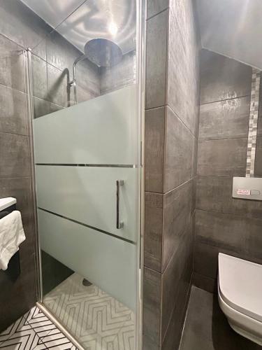 a bathroom with a shower and a toilet at L'Escale à Villerville in Villerville