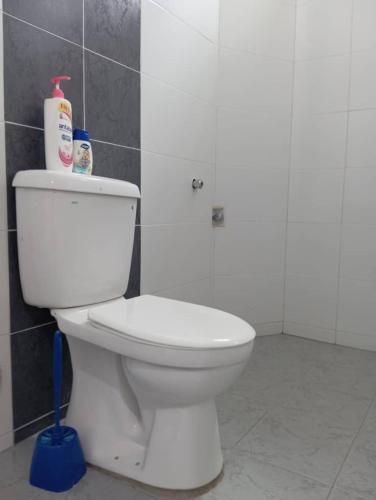 a white toilet in a bathroom with a cleaning tool at Seri Jerantut Homestay in Jerantut