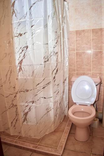 a bathroom with a toilet and a shower curtain at Razz Homes in Diani Beach