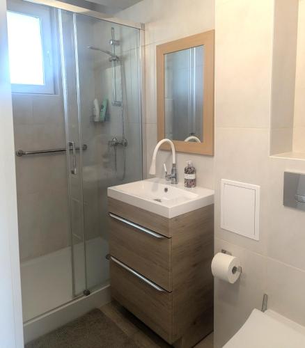 a bathroom with a sink and a shower at Smart Centrum in Konin