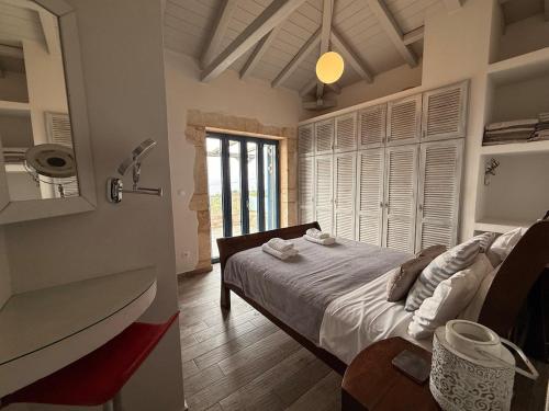 a bedroom with a bed and a large window at Pantazi Beach House in Kotrónion