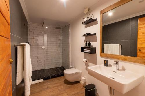 a bathroom with a sink and a toilet and a mirror at Shelanti Guesthouse in Ceres