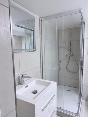 a white bathroom with a shower and a sink at Gästehaus Geiger 63546 Hammersbach Taunusstrasse 12 in Hammersbach