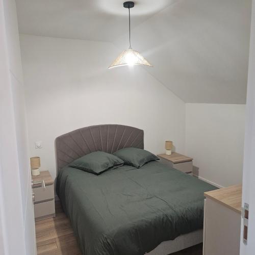 a bedroom with a green bed with a light above it at Lila in La Chapelle-de-Brain