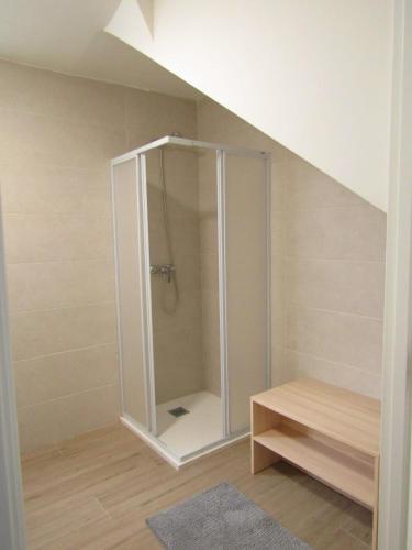 a bathroom with a shower in the attic at A Casa de Chelo in Palas de Rei