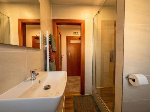 a bathroom with a sink and a shower at Biely Dom in Ružomberok