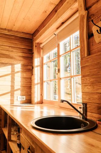 a kitchen with a black sink in a wooden room at Vējciems in Liepene