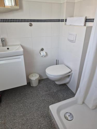 a white bathroom with a toilet and a sink at Feriengarten Dahme W 22 in Dahme