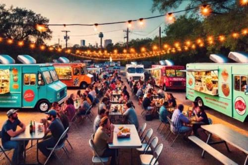 a group of people sitting at tables in front of food trucks at Longhorn Pool Home with King Bed & Rain Showers Walk to DT & Lake in Austin