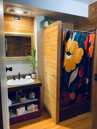a bathroom with a sink with a flower shower curtain at No 43 Guesthouse in Mount Beauty