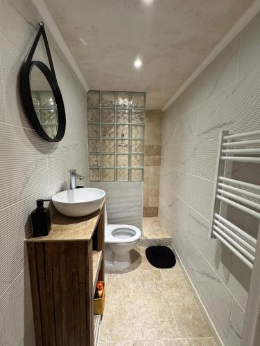 a bathroom with a sink and a toilet at Appartement cosy dans les ruelles de Pietranera in San-Martino-di-Lota