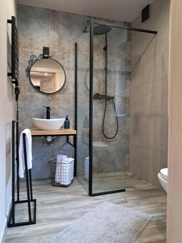 a bathroom with a shower with a sink and a mirror at Domki i tyle in Rabka-Zdrój