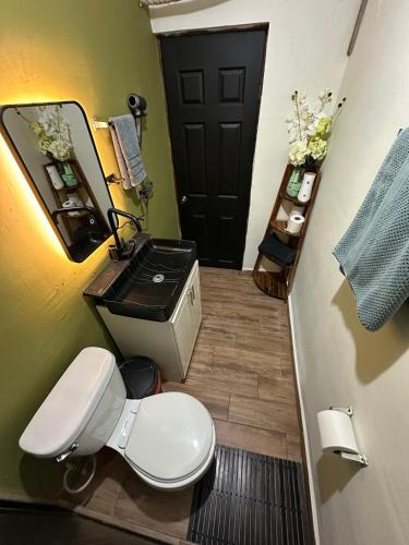 a bathroom with a toilet and a black door at Departamento Mateo'S 505 in Ciudad Acuña