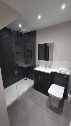 a bathroom with a shower and a toilet and a sink at 37A Commerce Street in Lossiemouth