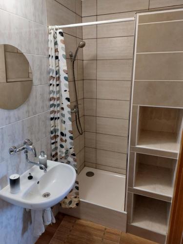 a bathroom with a sink and a shower at Penzion U Kuboňů in Volary