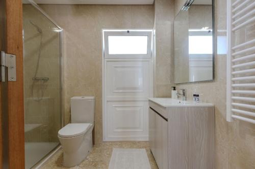 a bathroom with a toilet and a sink and a shower at Casa das Agras in Souto