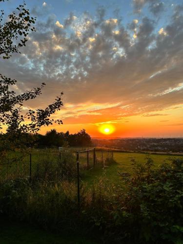a sunset in a field with a fence in the foreground at Goldener Blick in Stollberg