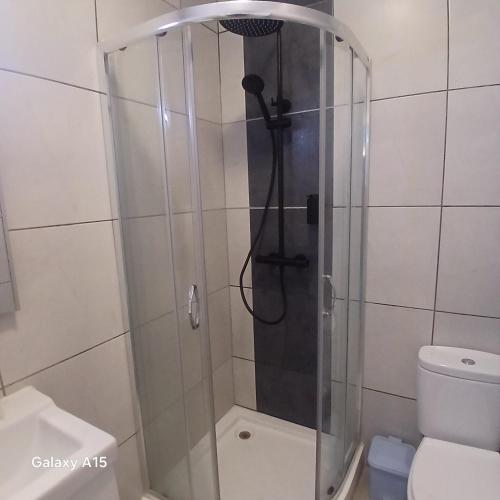 a shower with a glass door in a bathroom at Villa Regio Room in Vila do Conde