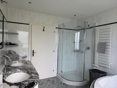 a bathroom with a sink and a shower at Apartment Alpen Lodge 52 in Aschau