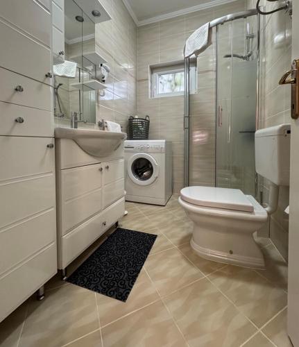 a bathroom with a sink toilet and a washing machine at Apartment Ambretta in Savudrija