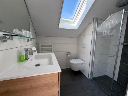 ein Badezimmer mit Waschbecken, Toilette und Dachfenster in der Unterkunft Inklusions- und Panorama Hotel Kochsberg in Grebendorf