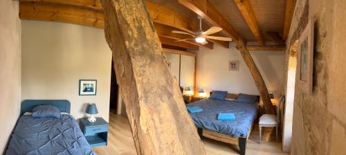 a bedroom with two beds and a ceiling fan at La Riviere Esperance in Veyrignac