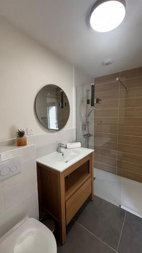a bathroom with a sink and a toilet and a mirror at A l'ombre des vignes, chambres d'hôtes 3 épis avec piscine in Poncin