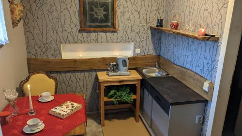 a small kitchen with a table and a sink at Srub u Krále in Dobruška