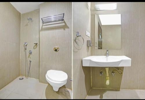 two pictures of a bathroom with a sink and a toilet at Hotel The Pal Palace in Nagpur