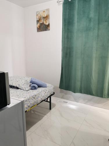 a bedroom with a bed and a green curtain at 586 Hotel in Toronto