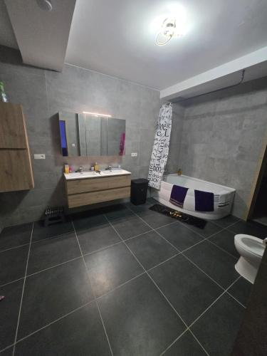 a bathroom with a sink and a tub and a toilet at Le Marronnier in Bastogne