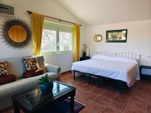 a bedroom with a bed and a couch and a table at Finca Bellavista de Gredos in Madrigal de la Vera