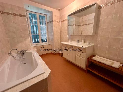 ein Badezimmer mit Badewanne, Waschbecken und Spiegel in der Unterkunft Celles - Demeure de la Tourille in Celles