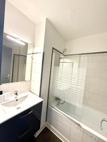 a bathroom with a sink and a shower at Appartement calme parking in Le Monastère